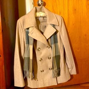 Camel pea coat with matching plaid scarf. Size medium. Barely worn.